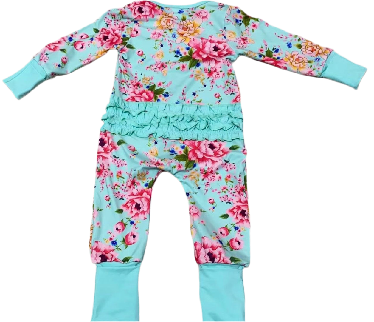 Teal floral ruffle butt romper
