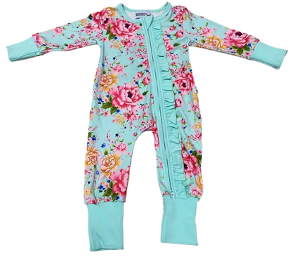Teal floral ruffle butt romper